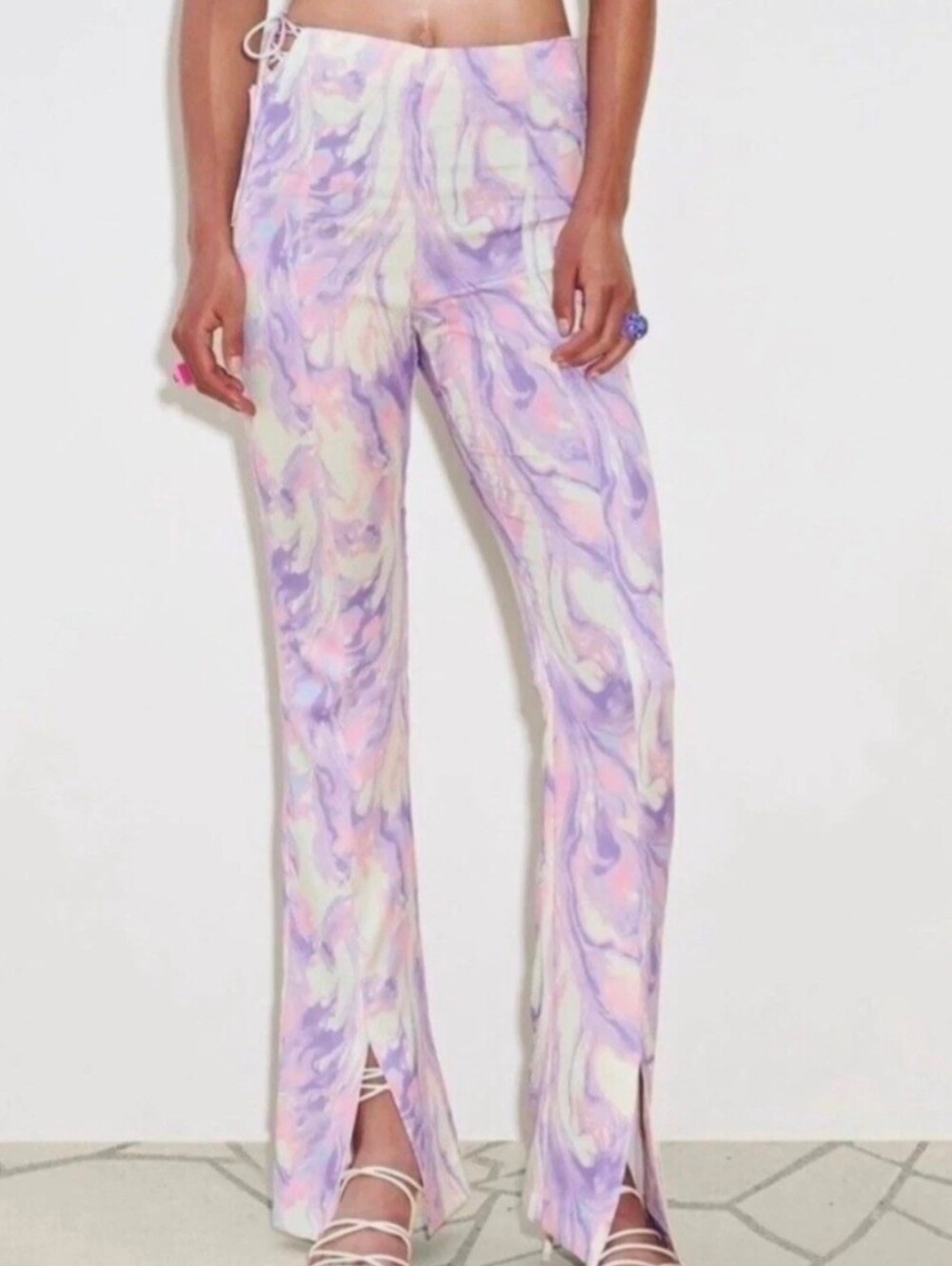 Zara Marble Pastel Print Flare Pants with Front Slit Size XS NWT